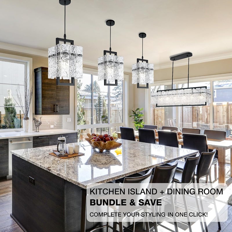 IKK Black Crystal Pendant Light for Kitchen Island, Luxury Water Ripple Glass Chandelier Lights Fixture, Modern Elegant Adjustable Pendant Lighting for Dining Room Bedroom, E12 Bulb, L6.5'' x H11.8'' - Image 2